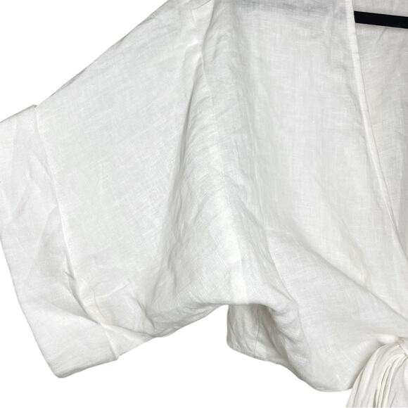 Three Graces White Linen Casual Coastal Neutral Minimalist Tie Up Crop Top - Picture 7 of 9